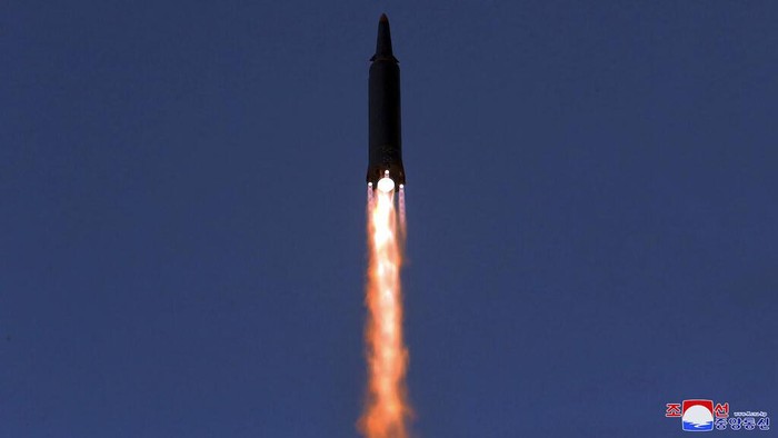 This photo provided by the North Korean government shows what it says a test launch of a hypersonic missile on Jan. 11, 2022 in North Korea. Independent journalists were not given access to cover the event depicted in this image distributed by the North Korean government. The content of this image is as provided and cannot be independently verified. Korean language watermark on image as provided by source reads: 