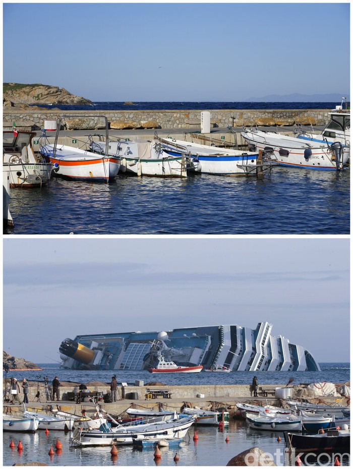 FILE— Italian firefighters conduct search operations on the luxury cruise ship Costa Concordia that ran aground the tiny Tuscan island of Isola del Giglio, Italy, Sunday, Jan. 15, 2012. Italy on Thursday, Jan. 13, 2022, is marking the 10th anniversary of the Concordia disaster with a daylong commemoration, honoring the 32 people who died but also the extraordinary response by the residents of Giglio who took in the 4,200 passengers and crew from the ship on that rainy Friday night and then lived with the Concordia carcass for another two years before it was hauled away for scrap. (AP Photo/Gregorio Borgia)