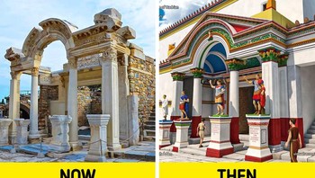 Kuil Hadrian sekarang dan gambarannya dulu. Foto: Brightside