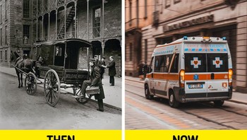 Mobil ambulans dulu dan sekarang. Foto: Brightside