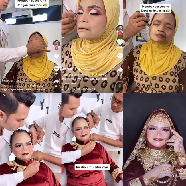 Rangga yang sudah menjadi MUA sejak 2004 itu mengaku kerap membuat konten makeup nenek-nenek atau ibu-ibu dengan tema yang nyeleneh. Dia melakukannya agar bisa menarik perhatian para penonton di Youtube, TikTok dan Instagram. Nyeleneh di sini dalam artian seperti pemakaian bedak yang seharusnya tipis tapi malah aku tebalin dan aku terangin, seharusnya memakai stiker wajah khusus tapi malah aku lakban atau selotip. Nah karena videonya viral banget yang pakai lakban, jadi aku cari khusus nenek-nenek yang sudah banyak kerutannya dan aku ajak kerja sama untuk aku makeupin, ucap Rangga. Foto: Dok. Tangkapan layar akun TikTok @ranggajuans.