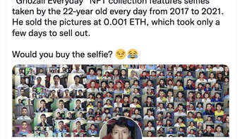 Kabar Ghozali Everyday ini sampai juga di mancengara. Dia menjual gambar selfie itu 0,001, yang hanya butuh sehari untuk sell out. Apakah Anda juga ingin membeli selfienya? tulis akun ini. Foto: Twitter