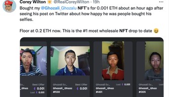 “Membeli NFT Ghozali senilai 0,001 ETH sejam lalu setelah melihat bagaimana bahagianya dia karena orang membeli selfienya. Saat ini dia menjadi ranking 1 wholesale NFT,” tulis akun ini. Foto: Twitter