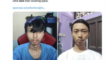 “Ghozali adalah Beeple yang merakyat. Senang bisa mendukung kreator di Indonesia. Membeli dua item dari Ghozali Everyday, termasuk yang sangat langka di mana matanya tertutup rambut,” tulis kolektor NFT ini. Foto: Twitter