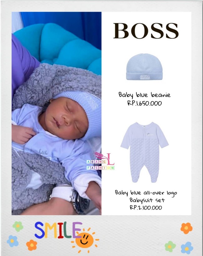 Tampil dalam balutan setelan serba biru, tak disangka harga outfit baby Leslar yang satu ini jika ditotal bisa mencapai sekitar Rp 3,7 juta. Topi berwarna biru Baby Blue Beanie dan Baby Blue All-Over Logo Babysuit Set itu berasal dari merek Boss. Foto: Instagram/@leslaralfatih.fashion