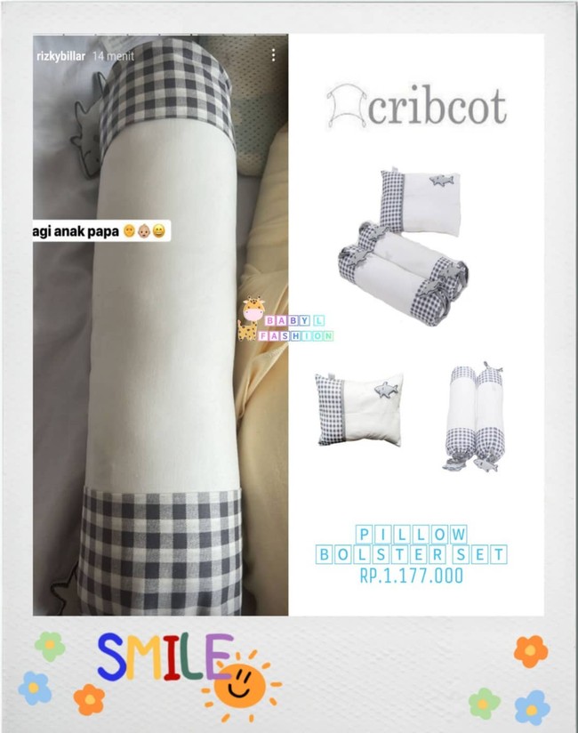 Agar baby Leslar bisa tidur dengan nyenyak, Lesti Kejora dan Rizky Billar pun memilih bantal yang tidak sembarangan. Pillow Bolster Set dari Cribcot itu dibanderol dengan harga Rp 1,1 juta. Terdiri dari 2 bantal guling dan 1 bantal kepala bayi. Foto: Instagram/@leslaralfatih.fashion