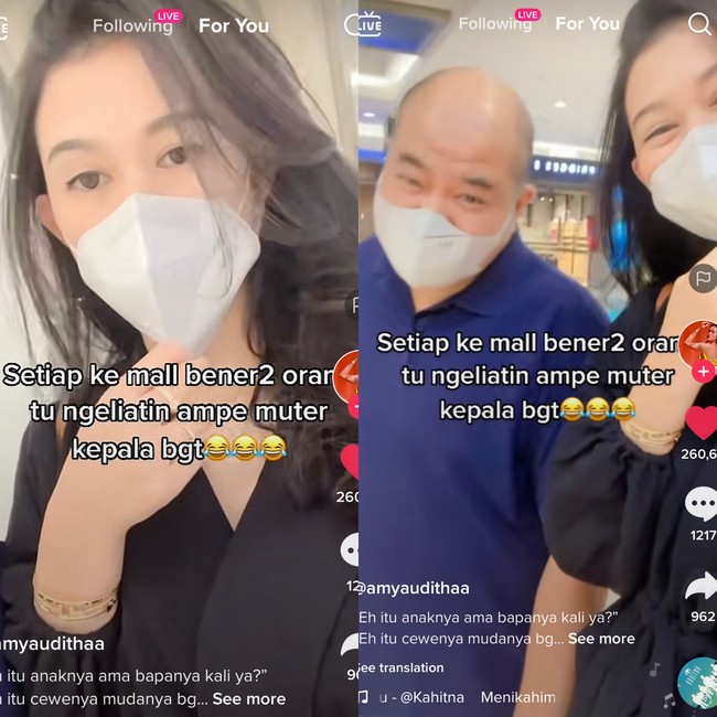 Wanita tersebut menjadi pusat perhatian di mall ketika berjalan dengan suaminya. Si wanita membagikan kisahnya lewat akun TikTok @amyaudithaa. Dalam video unggahannya, ia merekam sendiri video ketika berjalan di mall bersama suaminya. Foto: Dok. Tangkapan layar akun TikTok @amyaudithaa.