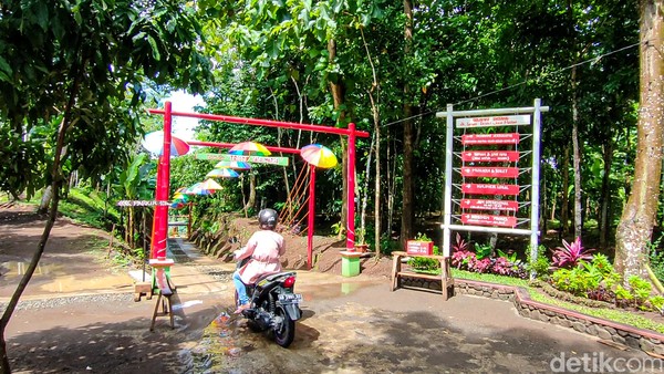 Sesampainya di taman ini, pengunjung akan disambut gapura bambu yang menjadi gerbang utama Taman Tresno Jasa Marga. Gapura berwarna merah itu dihiasi payung warna warni yang ditempel di sepanjang jalan setapak menuju area inti taman. Adapun jarak dari pintu masuk sampai ke dalam taman berkisar 50 meter. Foto: Jalu Rahman Dewantara/detikcom Sesampainya di taman ini, pengunjung akan disambut gapura bambu yang menjadi gerbang utama Taman Tresno Jasa Marga. Gapura berwarna merah itu dihiasi payung warna warni yang ditempel di sepanjang jalan setapak menuju area inti taman. Adapun jarak dari pintu masuk sampai ke dalam taman berkisar 50 meter. Foto: Jalu Rahman Dewantara/detikcom