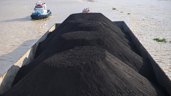 Sebuah kapal tongkang pengangkut batu bara melintas di Sungai Musi, Palembang, Sumatera Selatan, Jumat (14/1/2022). Kementerian Energi dan Sumber Daya Mineral (ESDM) menetapkan target produksi batu bara 2022 mencapai 663 juta ton yang diperuntukkan untuk konsumsi domestik/domestik market obligation (DMO)  sebesar 165,7 juta ton sedangkan sisanya 497,2 juta ton akan mengisi pasar ekspor. ANTARA FOTO/Nova Wahyudi/rwa.