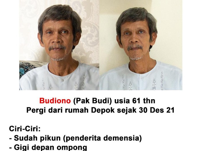 Foto: Budiono (61) warga asal Depok, Jabar sudah 15 hari hilang. (Dok Amel)