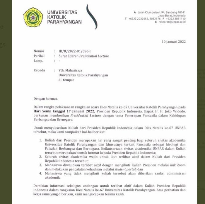 Surat Unpar soal Kuliah Jokowi