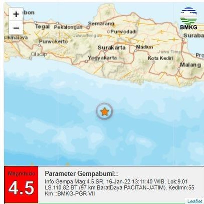 Gempa M 4.5 mengguncang Pacitan, Jatim. Gempa dirasakan hingga Bantul dan Gunung Kidul, Jateng.