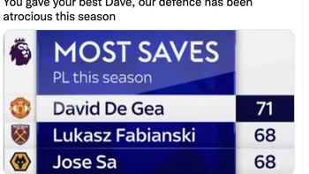 Terlihat bagaimana David De Gea seperti berjuang sendirian karena dia mencatat paling banyak penyelamatan di Liga Inggris. Foto: Twitter