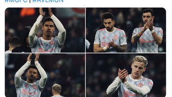 Akun resmi MU menampakkan wajah-wajah kurang menggembirakan pemain MU usai pertandingan melawan Aston Villa. Foto: Twitter