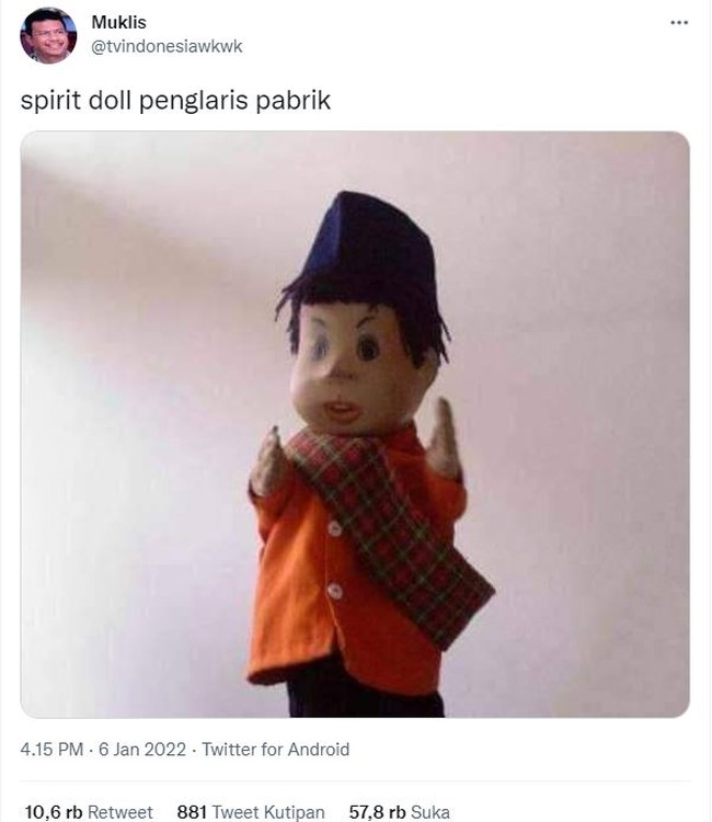 Siapa sih yang nggak kenal sama boneka yang satu ini? Sudah ada banyak pabrik loh yang dikunjungi oleh Unyil. Gak heran kalo Unyil disebut spirit doll penglaris pabrik Foto: Twitter