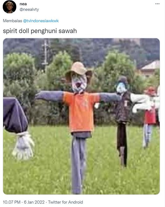 Spirit doll sahabat bagi para petani. Kalau spirit doll ini bentuknya bisa beragam dan terkadang cukup menyeramkan, seperti dalam foto yang satu ini. Foto: Twitter