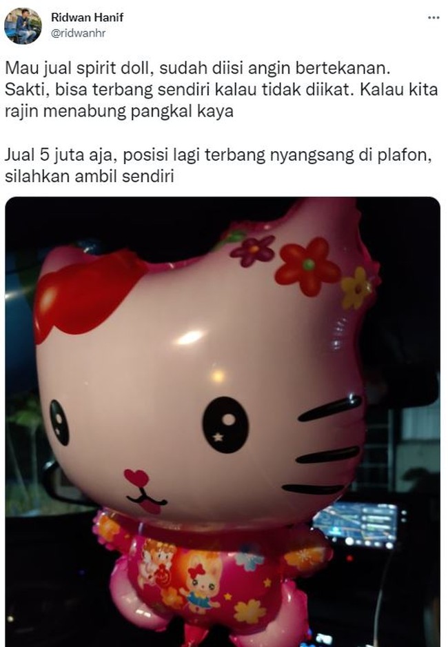 Kalau spirit doll biasanya diisi dengan arwah, maka spirit doll yang satu ini diisi dengan angin bertekanan. Kalau nggak diikat bisa terbang sendiri loh.. Foto: Twitter