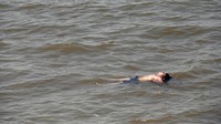 Seorang pemuda berendam di Rio de la Plata di tengah gelombang panas musim panas di Buenos Aires, Argentina, Jumat, (14/1/2022). (AP/Maria De Fina)