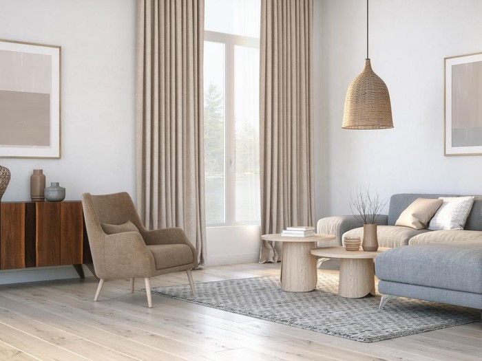 Scandinavian interior design living room 3d render with gray and beige colored furniture and wooden elements