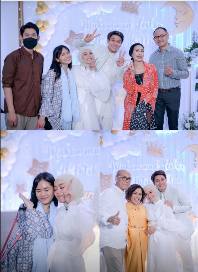 Busana yang dikenakan Lesti Kejora saat tasyakuran dan aqiqah Baby L jadi sorotan. Berbusana serba putih, pedangdut berhijab ini tampil mewah. Foto: Instagram/@askar_photography, YouTube Indosiar