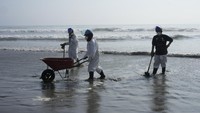 Sejumlah pekerja pun dikerahkan untuk membersihkan tumpahan minyak di pantai Peru.