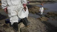 Pekerja bahu membahu membersihkan tumpahan minyak yang mencemari Pantai Cavero di Ventanilla, Peru.  