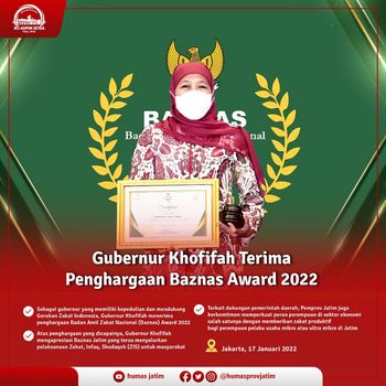 Gubernur Jawa Timur Khofifah Indar Parawansa kembali meraih penghargaan tingkat nasional. Kali ini ia menerima penghargaan dalam Baznas Award 2022 di Ballroom The Sultan Hotel & Residence, Jalan Gatot Subroto, Jakarta, Senin (17/1).