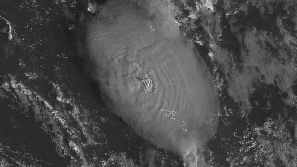 A plume rises over Tonga after the underwater volcano Hunga Tonga-Hunga Ha'apai erupted in this satellite image taken by GOES-17 on January 14, 2022. Image taken on January 14, 2022. NOAA/GOES-WEST/Handout via REUTERS THIS IMAGE HAS BEEN SUPPLIED BY A THIRD PARTY. MANDATORY CREDIT. NO RESALES. NO ARCHIVES. MUST NOT OBSCURE LOGO.