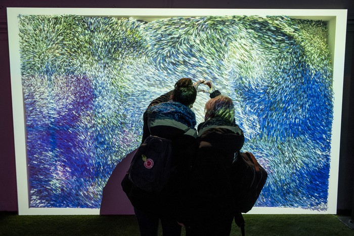 BERLIN, GERMANY - JANUARY 12: Visitors watch illuminated renditions of Claude Monet paintings on the opening day of the 