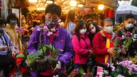 Pot bunga anggrek dipajang untuk dijual untuk merayakan Tahun Baru Imlek di Hong Kong, Kamis, (20/1/2022).