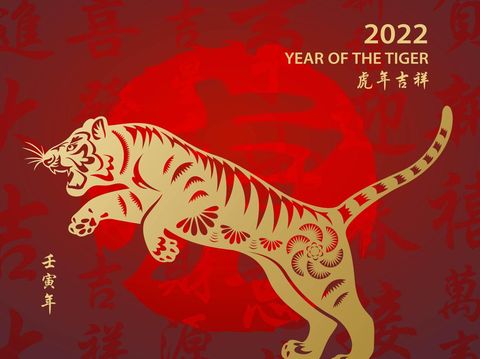 Celebrate the Year of the Tiger 2022 with gold colored tiger paper art and red stamp on the red Chinese language background, the background red stamp means tiger, the horizontal Chinese phrase means wish you luck in the year of the tiger and the vertical Chinese phrase means Year of the Tiger according to Chinese lunar calendar