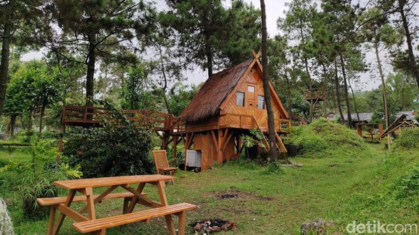 Selain mondok di rumah-rumahan kayu hingga rumah pohon, wisatawan juga bisa bermalam dengan menggunakan tenda di area ini.