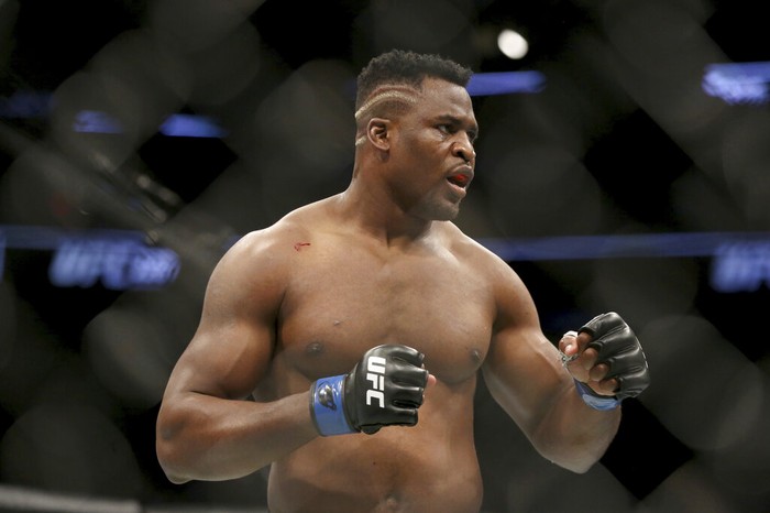FILE - Ciryl Gane is shown during his interim heavyweight mixed martial arts title bout at UFC 265 Saturday, Aug. 7, 2021, in Houston. UFC heavyweight champion Francis Ngannou and top contender Ciryl Gane trained together in Paris before mixed martial arts were even legal in France. Theyll meet in the fascinating main event of UFC 270 on Saturday night to settle a feud between former teammates both at the peak of their fearsome fighting skills. (AP Photo/Michael Wyke, File)