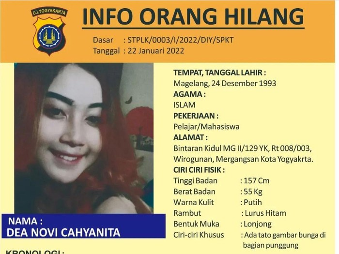Dea Novi Cahyanita (28) dilaporkan ke Polda DIY hilang sejak 20 Januari 2022.