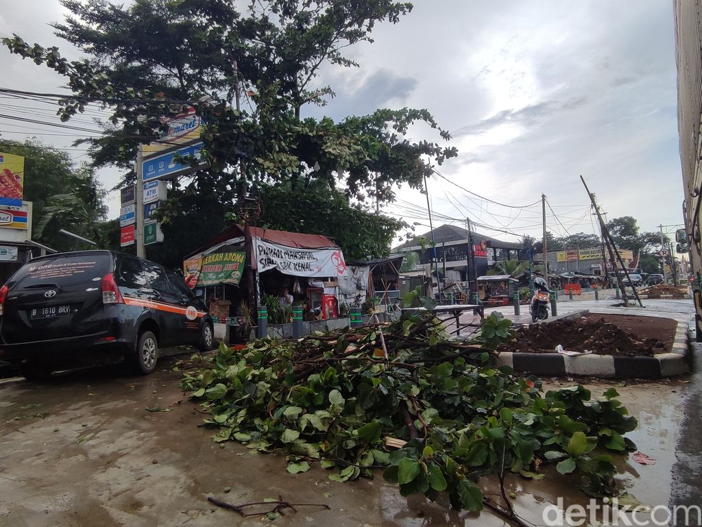 Hujan disertai angin kencang terjadi di Kabupaten Bogor hingga dahan-dahan pohon di sekitar tumbang mengenai salah satu mobil dan kabel listrik. Begini kondisi terkini di lokasi (Rizky AM/detikcom)
