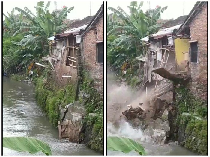 Rumah di bantaran Kali Jenes Solo ambles, Minggu (23/1/2022).