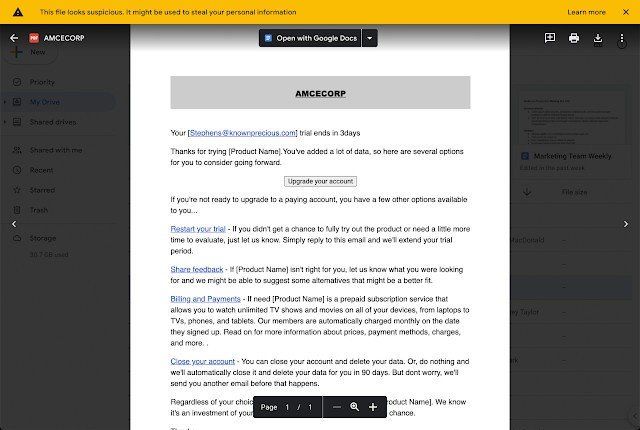 Tampilan peringatan di Google Drive