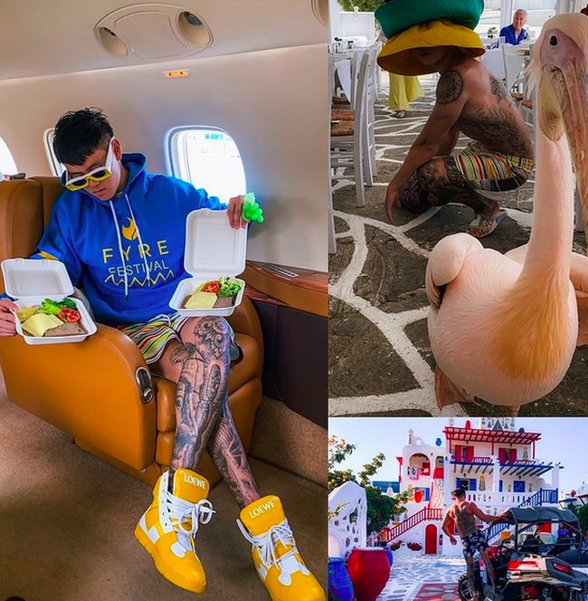 Hoodie dan celana pendek yang mengekspos tato di sekujur kaki, serta sneakers berwarna mencolok, menemani gaya Arnold Putra saat terbang dengan jet pribadi. (Foto: Instagram/@arnoldputra)