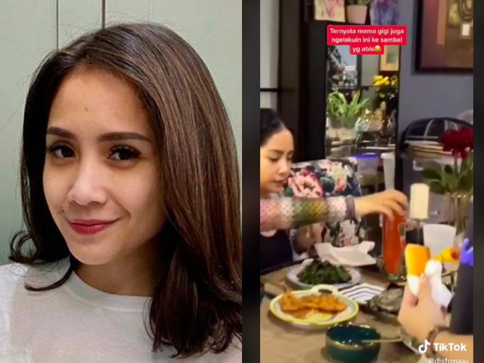 Nagita Slavina membalikkan botol saus yang hampir habis