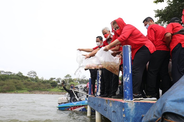 Gubernur Jawa Tengah, Ganjar Pranowo menyerahkan ribuan bibit ikan kepada pengelola Waduk Jatibarang.