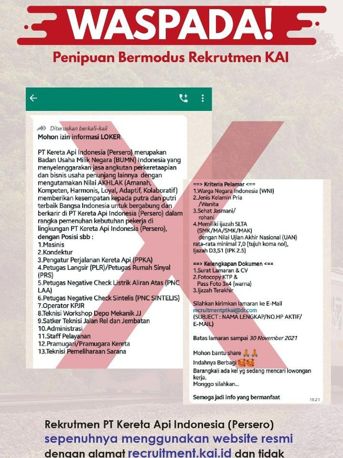 PT Kereta Api Indonesia (Persero) mengingatkan masyarakat untuk waspada penipuan bermodus rekrutmen KAI.