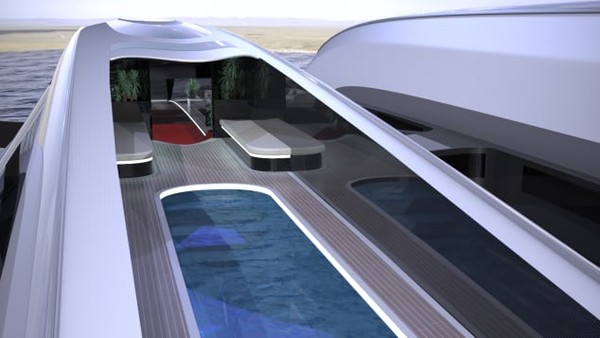 Untuk master suite berbasis di lambung utama, yang berukuran sekitar 78 meter. Di sana juga ada ruang tamu yang luas dengan ruang makan dan kolam renang.