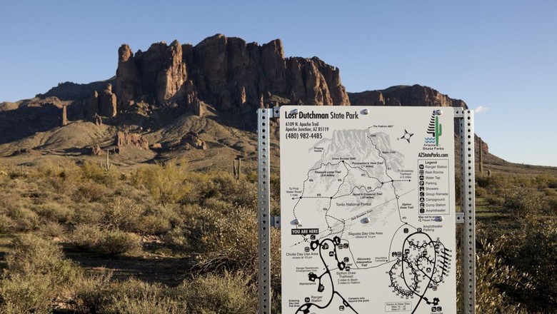 Apache Junction, Arizona, United States - January 24, 2012: The campground and trail map at the Lost Dutchman State Park in the Superstition Mountains. It was named after the Lost Dutchmans rich gold mine which legend says is in the same area.