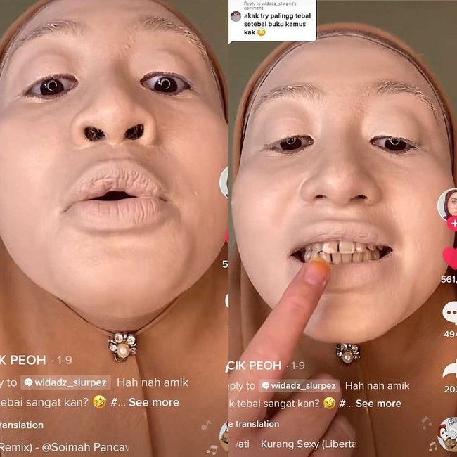 Cik Peoh memakai foundation 10 layer. Saking tebalnya, foundation sampai mengenai bulu hidung dan giginya. Setelah foundation, wanita yang mengenakan hijab cokelat itu mulai mengaplikaskan concealer ke beberapa titik di wajah. Foto: Dok. Tangkapan layar akun TikTok @cikpeohh_.