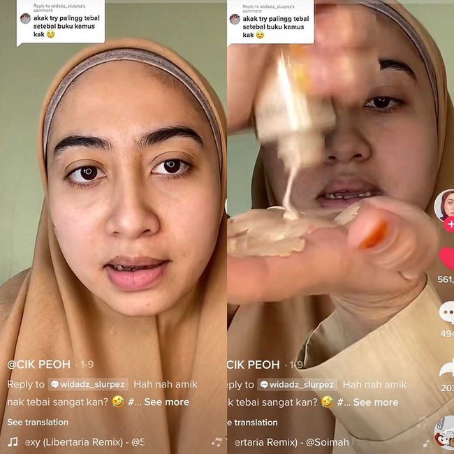 Wanita Malaysia bernama Cik Peoh viral karena mengaplikasikan makeup sebanyak 10 layer atau lapisan ke wajahnya. Foto: Dok. Tangkapan layar akun TikTok @cikpeohh_.