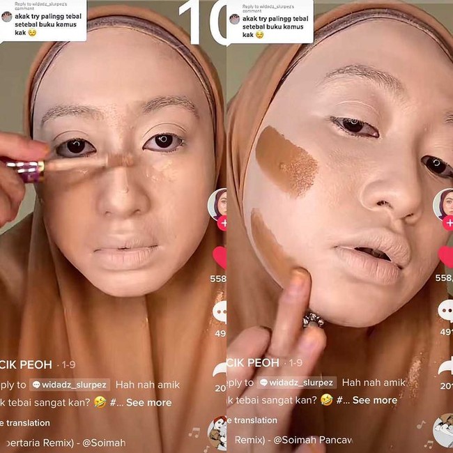 Makeup tebal pertama pakai foundation 10 layer katanya ingin paling tebal, blend-blend. Selanjutnya concealer sama juga pakai 10 layer. Shading, contour stick pakai 10 layer lalu blend. Cream blush ini sudah mau habis tapi coba kita coba 10 layer. Eyeshadow pun kita buat tebal 10 layer, tambah pula glitter 10 layer, ucapnya sambil tertawa. Foto: Dok. Tangkapan layar akun TikTok @cikpeohh_.