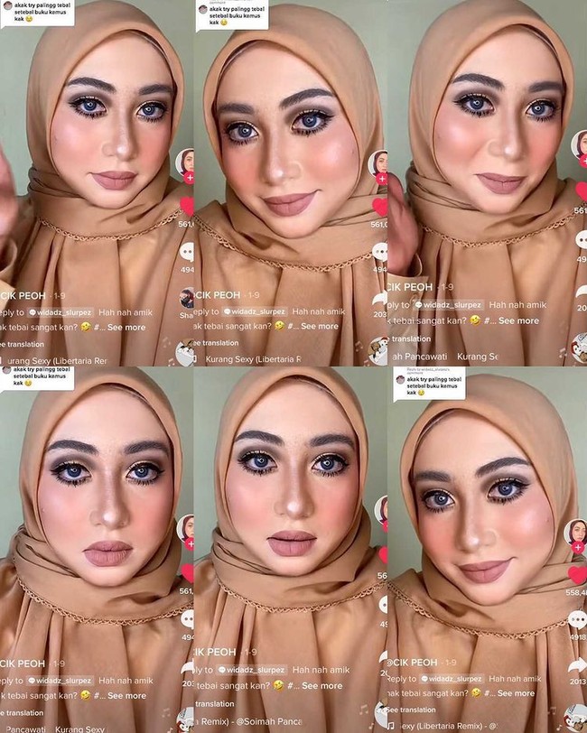 Dan inilah penampilan wajah Cik Peoh setelah memakai makeup 10 lapis mulai dari foundation, concealer, bedak, lipstik, maskara, eyeshadow hingga blush on. Untuk membersihkan wajah yang dihiasi makeup 10 lapis itu, Cik Peoh membutuhkan waktu sekitar setengah jam. Foto: Dok. Tangkapan layar akun TikTok @cikpeohh_.