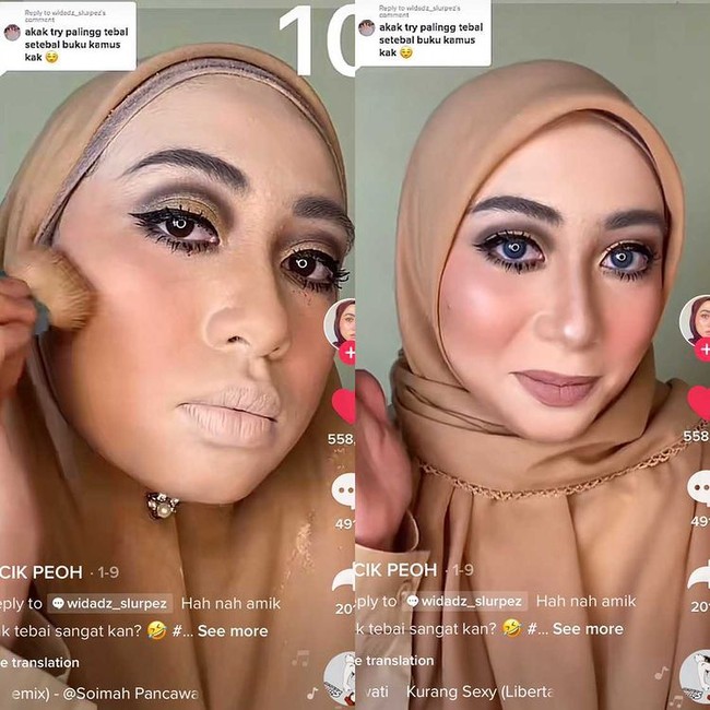 Dalam unggahannya di TikTok, Cik Peoh mengungkapkan kondisi wajahnya setelah memakai foundation, bedak, lipstik hingga maskara 10 laposan. Cik Peoh mengatakan wajahnya jadi kaku karena makeup yang tebal. Foto: Dok. Tangkapan layar akun TikTok @cikpeohh_.