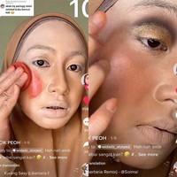 Selanjutnya, Cik Peoh memilih warna eyeshadow cokelat tua hingga terlihat seperti warna hitam karena ia menggunakan sebanyak 10 layer. Dia juga memakai blush on hingga 10 lapisan. Foto: Dok. Tangkapan layar akun TikTok @cikpeohh_.