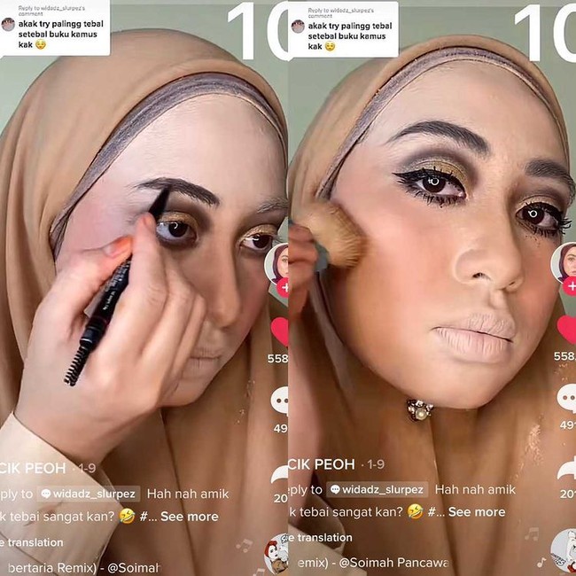 Video makeup tebal tersebut langsung viral dan sudah ditonton lebih dari 6,7 juta Views. Warganet ada yang memuji hasil akhir dan mempertanyakan cara menghapus makeup 10 lapisan tersebut. Foto: Dok. Tangkapan layar akun TikTok @cikpeohh_.